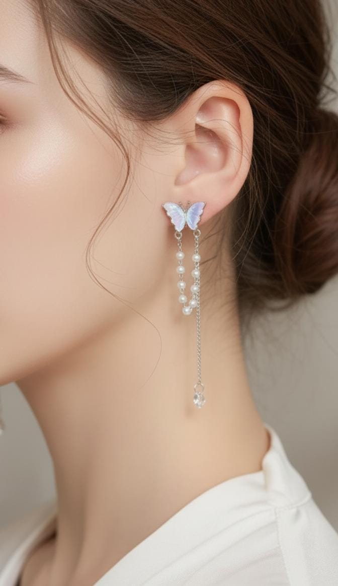 S925 Elegant Butterfly with Pearl Tassels Drop Earrings – Delicate, Feminine & Stylish Fashion Jewelry for Women & Girls golden